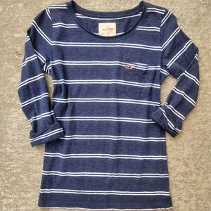 Y2K Hollister Navy and White Striped 3/4 Sleeve Shirt, Sz XS
